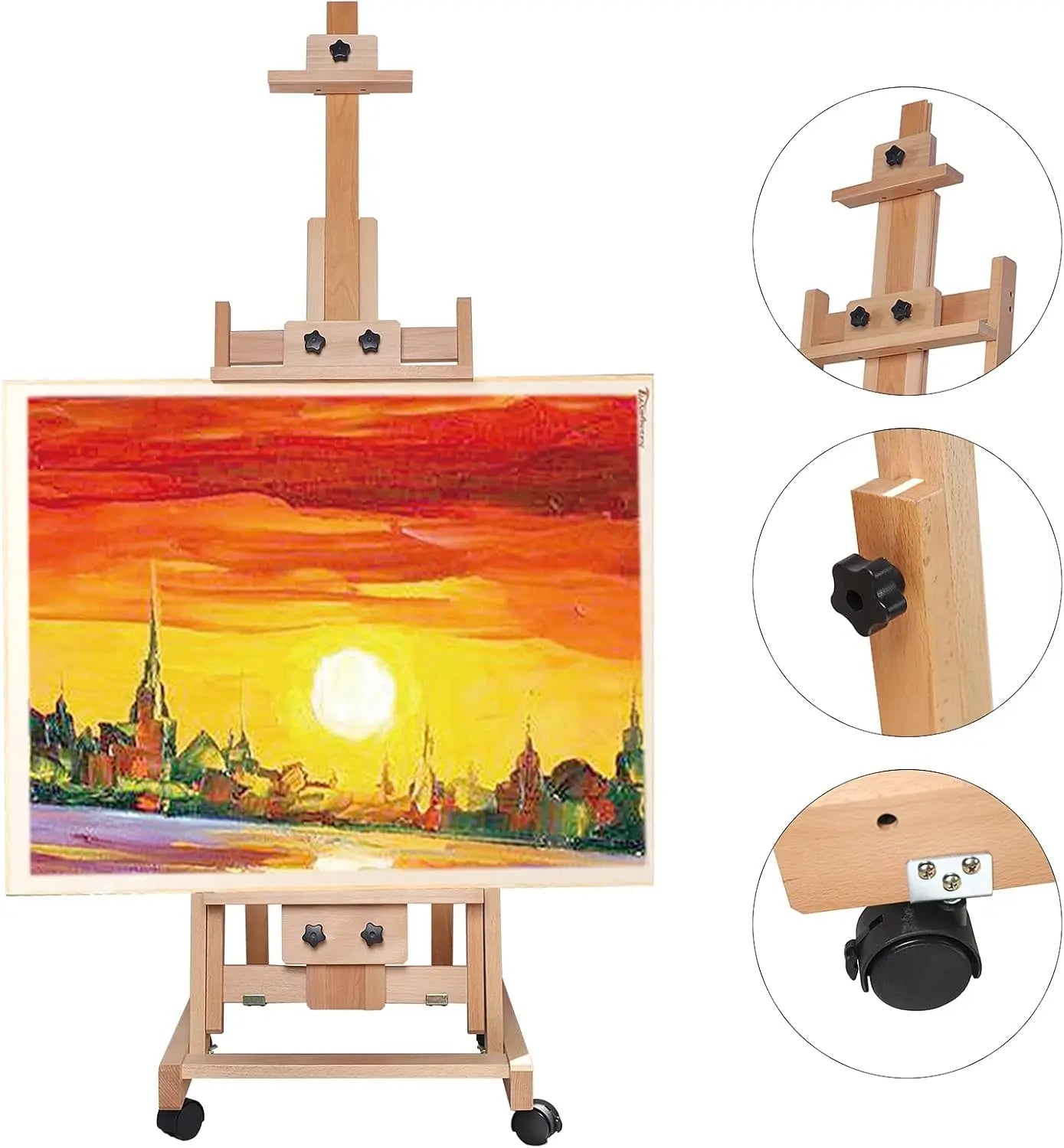 Portable Collapsible H-Frame Easel , Solid Beech Wood Large Artist Painting Easel, Tilts Flat Movable Floor Stand with 4 Wheels