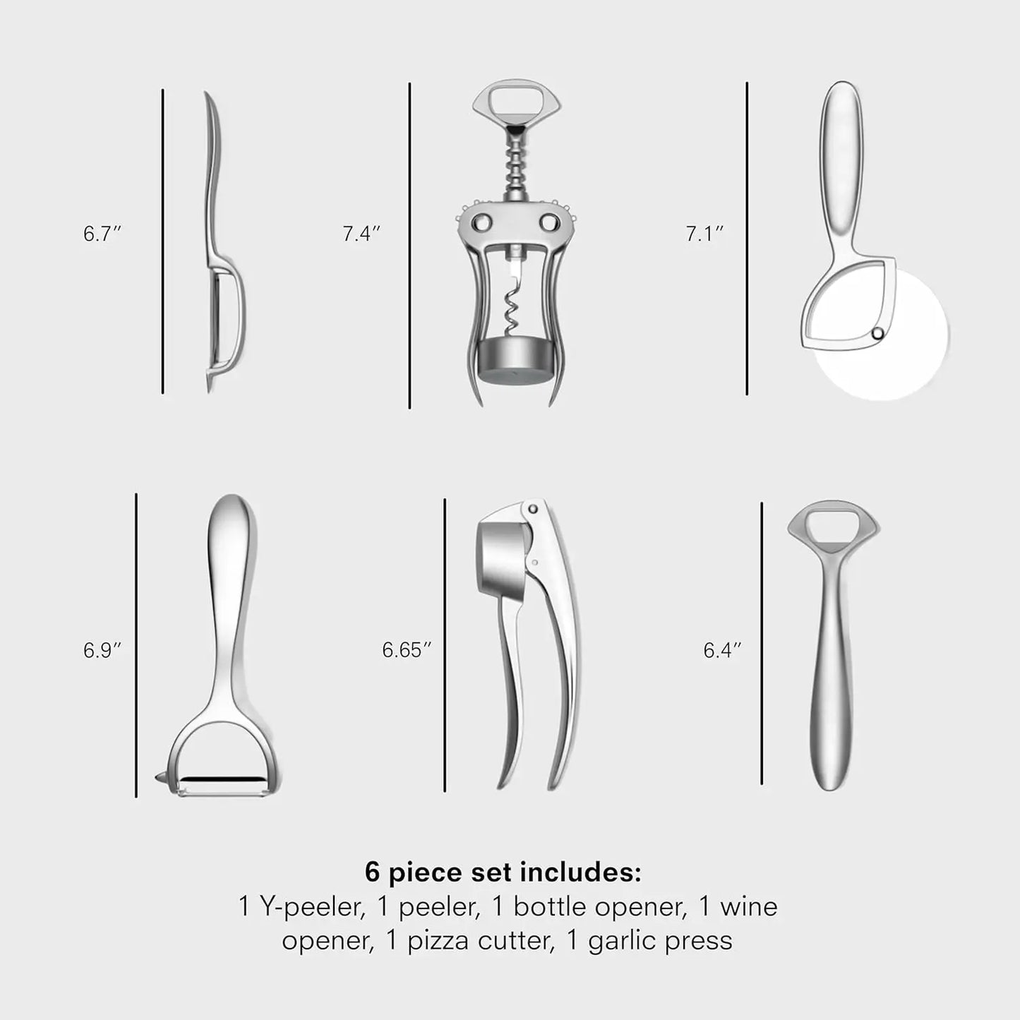 6-Piece Kitchen Tool Set: Y-Peeler, Peeler, Bottle Opener, Wine Opener, Pizza Cutter, Garlic Press – Plastic-Free, Dishwasher Sa