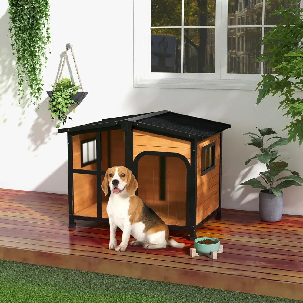 Outside Cabin-Style Wooden Dog House for Large Dogs with Openable Roof & Giant Window, Outdoor & Indoor Big Dog House, Asphalt