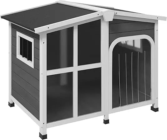Outside Cabin-Style Wooden Dog House for Large Dogs with Openable Roof & Giant Window, Outdoor & Indoor Big Dog House, Asphalt