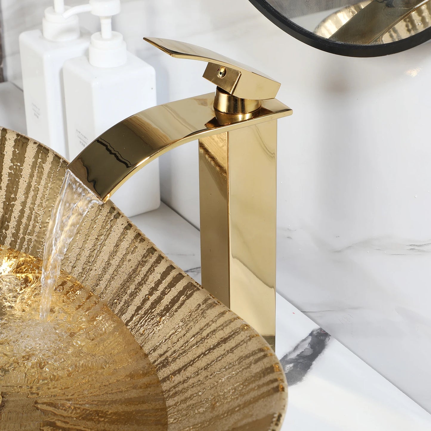 KEMAIDI Big Gold Bathroom Vessel Sink Combos Faucet And Drain Set 24x14 Inch Oval Ceramic Basin Bowl Above Counter Bowl Sinks