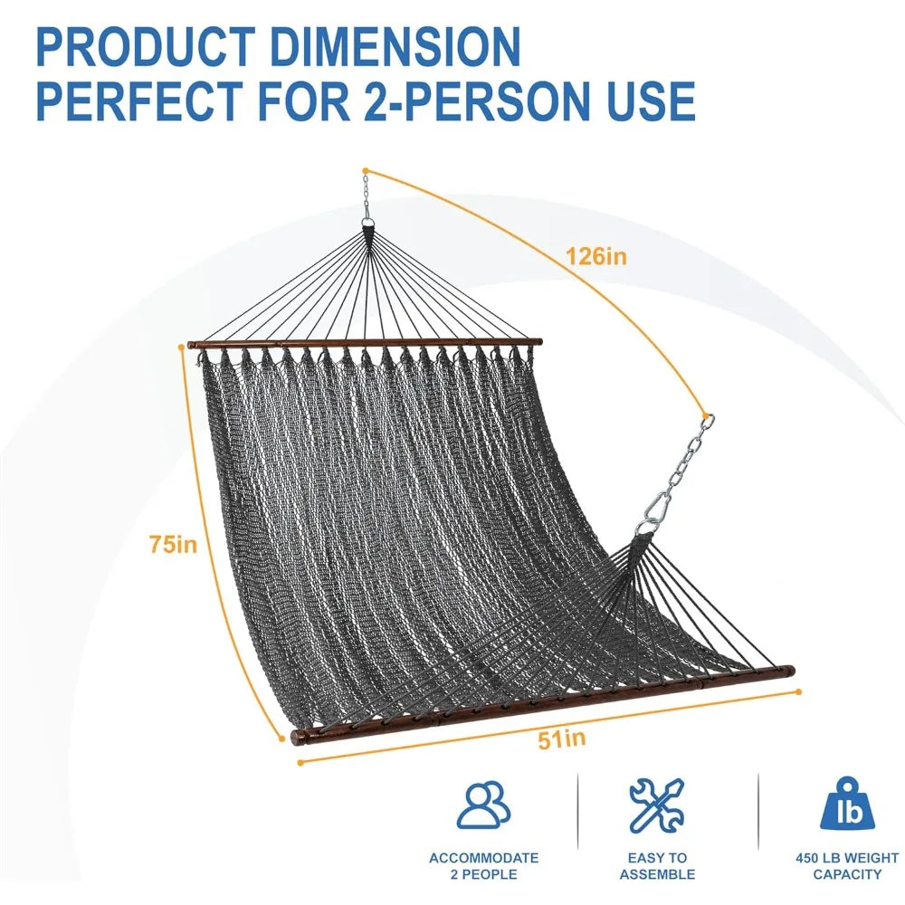 Lazy Daze Hammocks 10.5 FT Double 2 Person Caribbean Rope Hammock, Hand Woven Polyester Hammock with Spreader Bars, for Outside