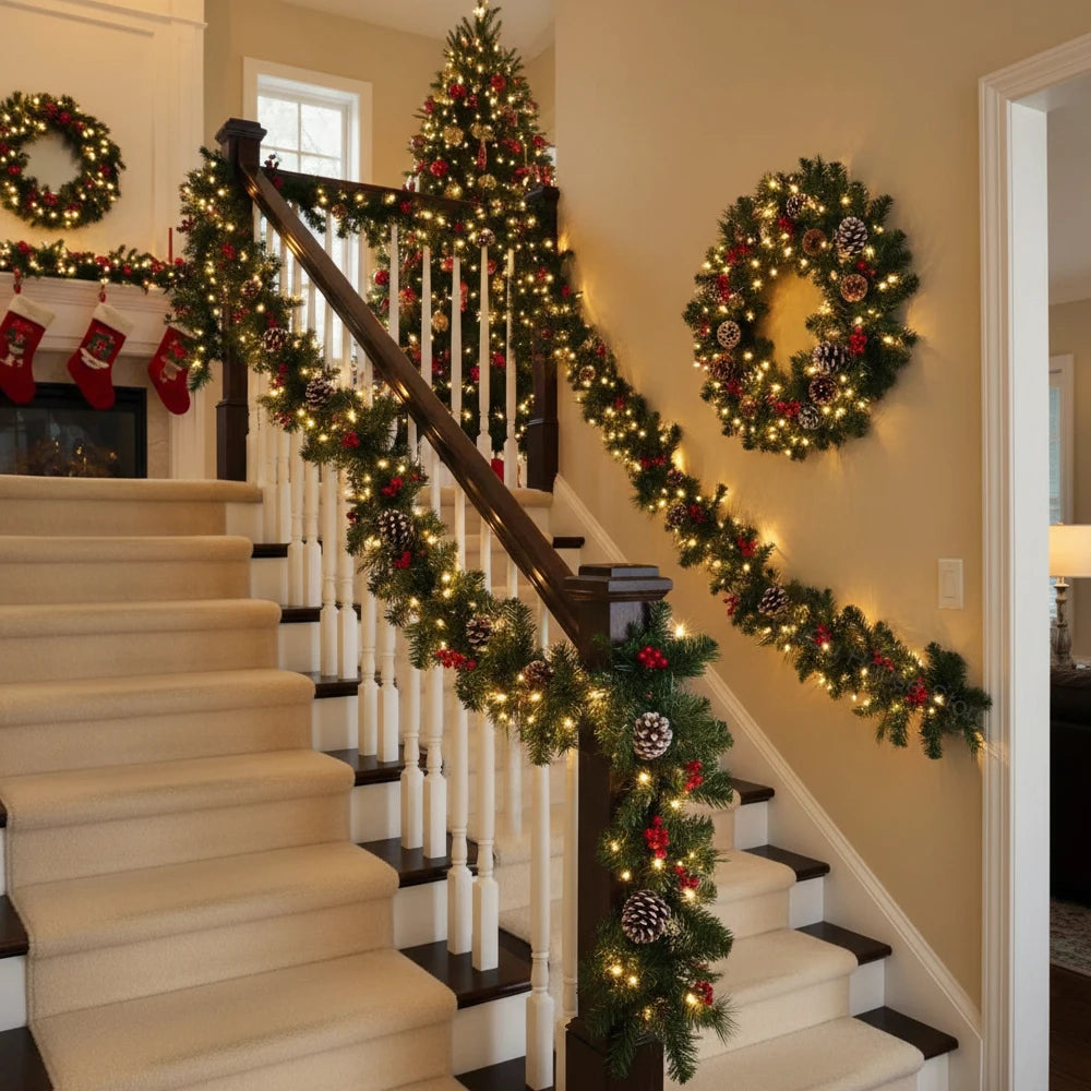 Christmas Rattan Garland Wreath, Artificial LED Decoration with Pinecones Red Berries for Xmas Tree Banner, New Year Home Decor