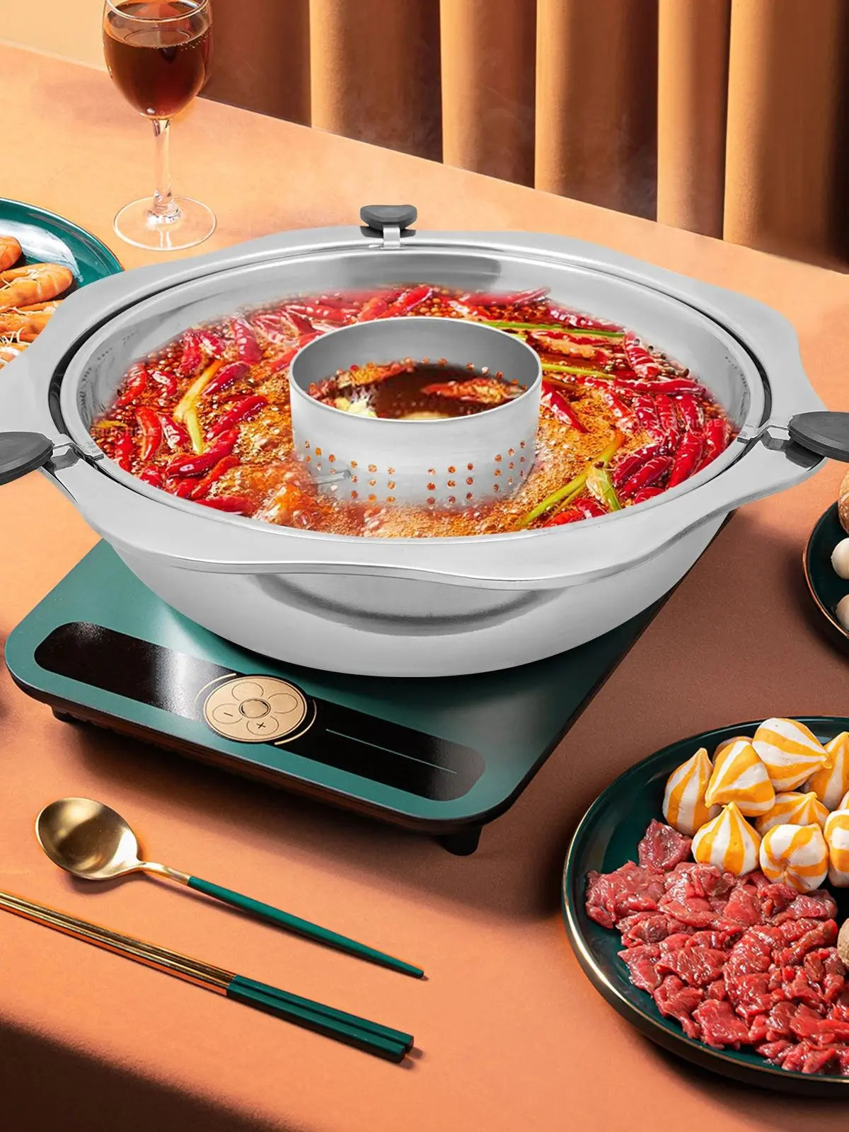 Large Capacity Hot Pot Hot Pot Shabu Shabu 36cm Rotary Hot Pot with Divider Lifting Hot Pot Heat Resistance Widened Edges