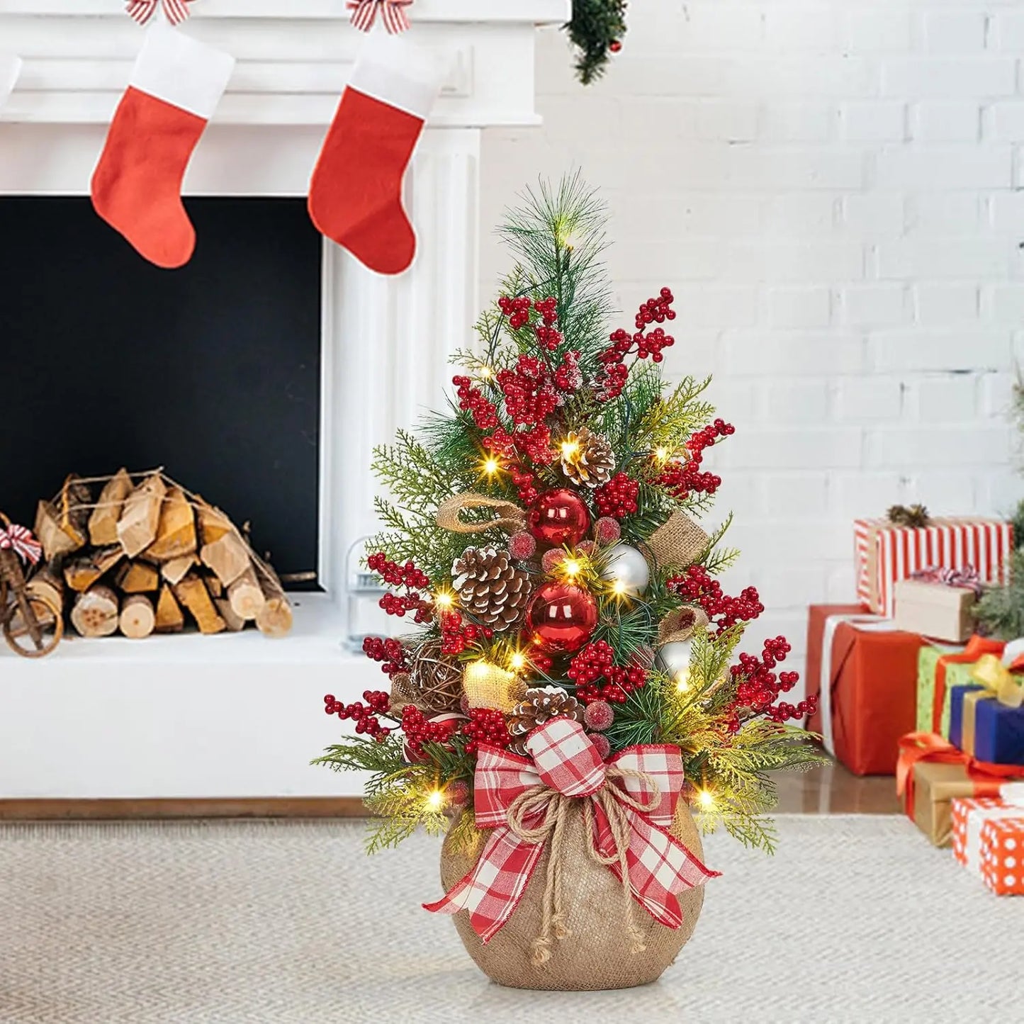 24 Inch Mini Christmas Tree with Lights Pre-Lit Artificial Table Tree with Bow & Balls Red Berries Pine Cones DIY Home Decor