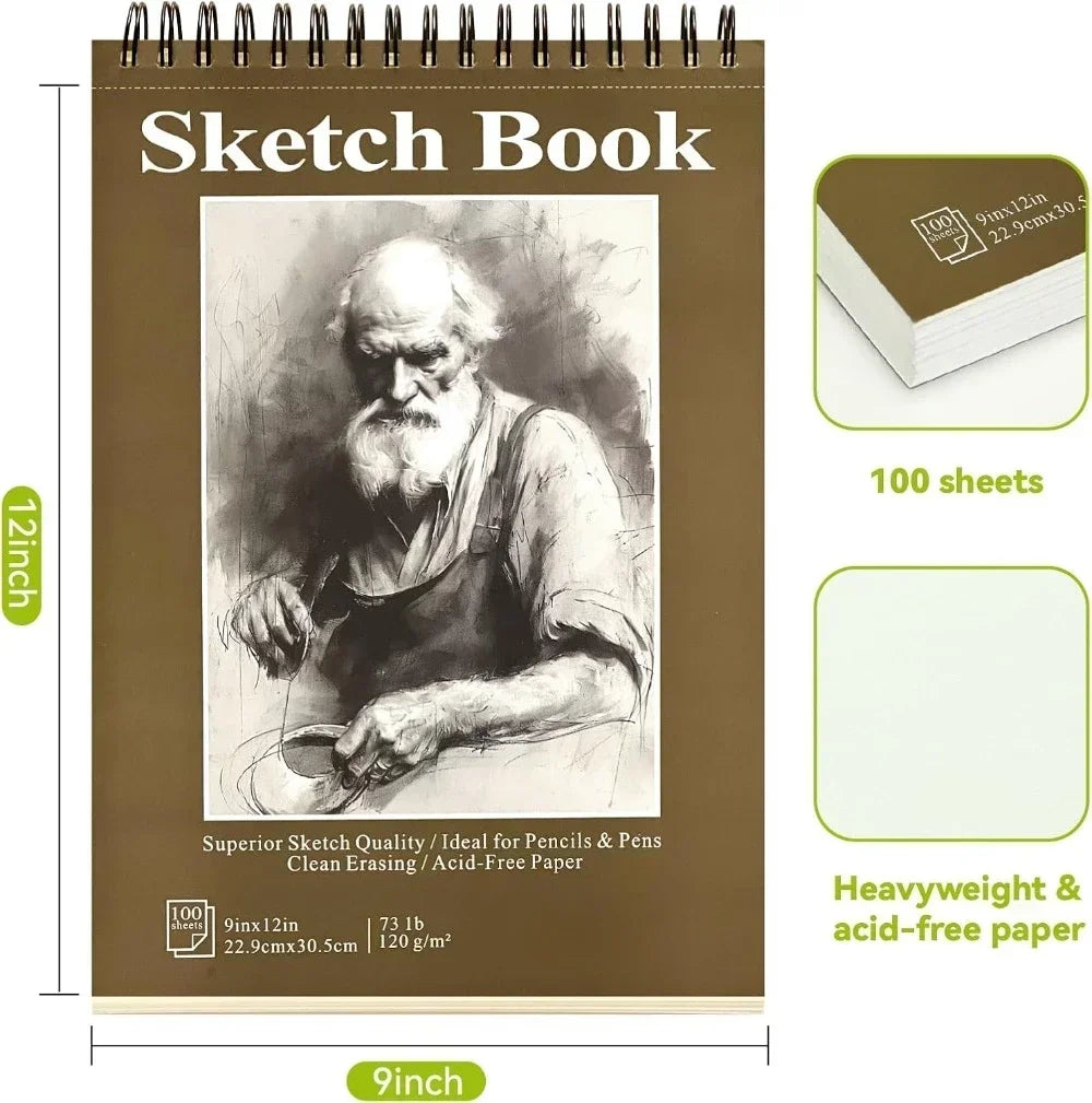 Sketchbook - 9"x12" spiral bound drawing board, 1 pack of 100 sheets, acid-free paper - perfect for kids sketchbook drawing