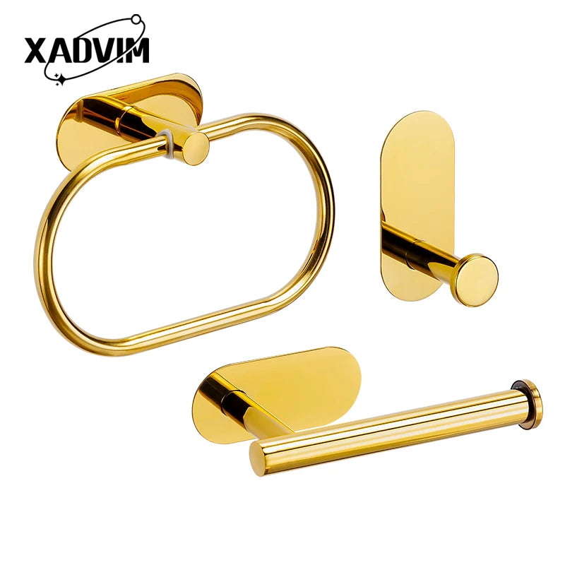 Silver Gold 304 Stainless Steel Towel Bar No Drilling Paper Holder Self-adhesive Towel Ring Robe Hook Bathroom Accessories Set