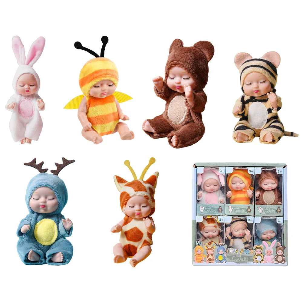 Mini Reborn Doll with Cartoon Animal OP Costumes Cute Cute 4.3inch Sleep Series Reborn Baby Doll Kit Holiday Gift for Children