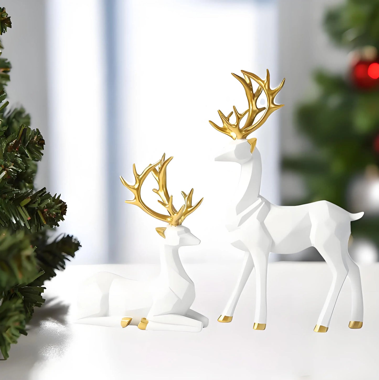 Geometric Elk Statue Set of 2, Modern Resin Deer Sculpture for Living Room & Office Decor - Elegant Display for Shelf & Desk