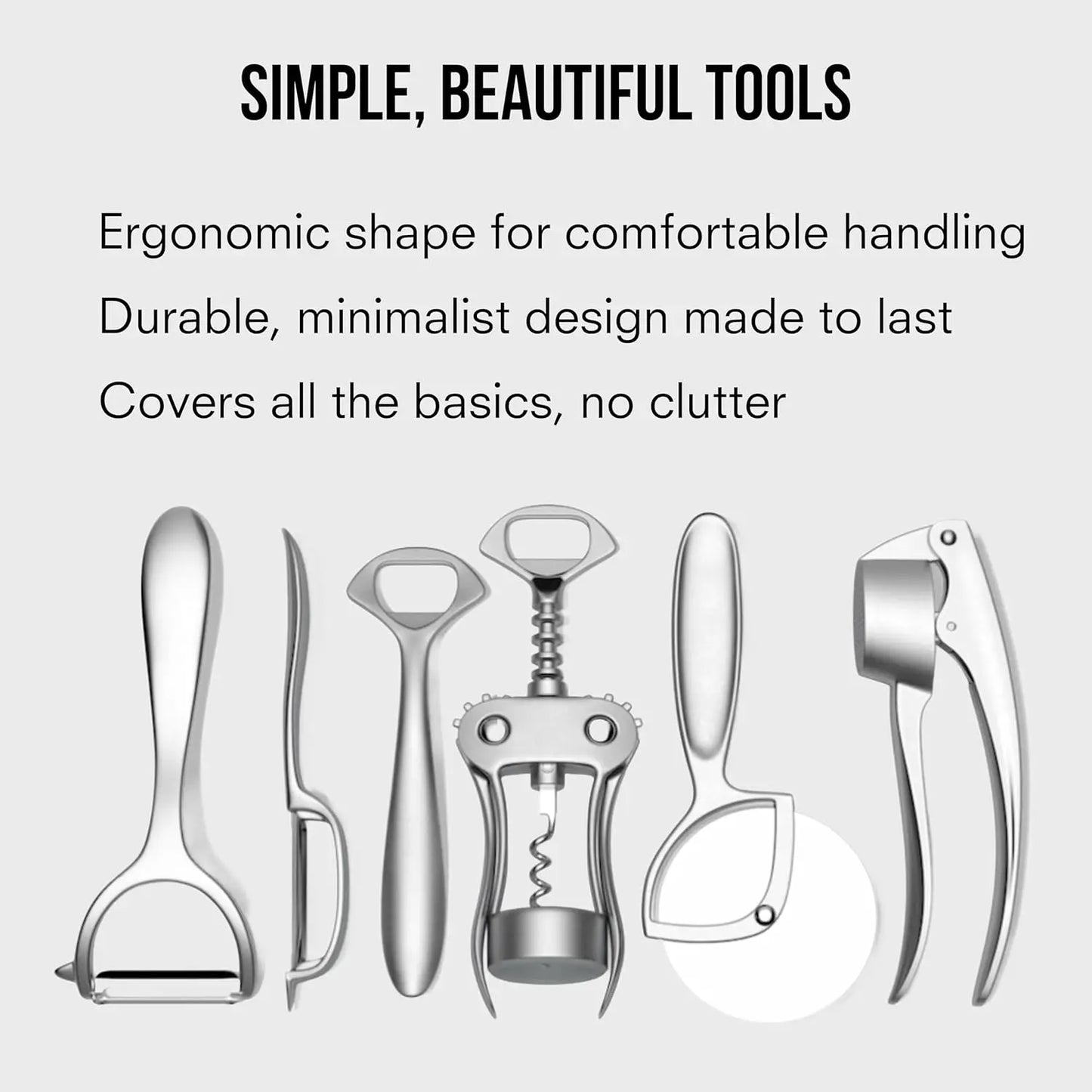 6-Piece Kitchen Tool Set: Y-Peeler, Peeler, Bottle Opener, Wine Opener, Pizza Cutter, Garlic Press – Plastic-Free, Dishwasher Sa