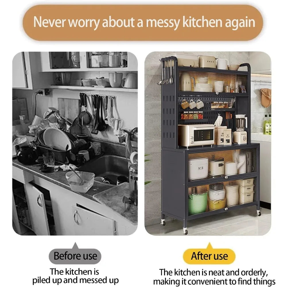 63 Inch Bakers Rack with Acrylic Door and Storage, Farmhouse Coffee Bar Cabinet, Microwave Stand Kitchen Cabinet with 8 S-Shaped