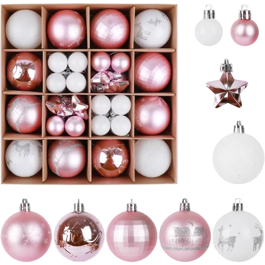 44 Pcs Shatterproof Plastic Christmas Balls Ornaments Set in Pink White for Holiday Party Wedding and Christmas Tree Decoration