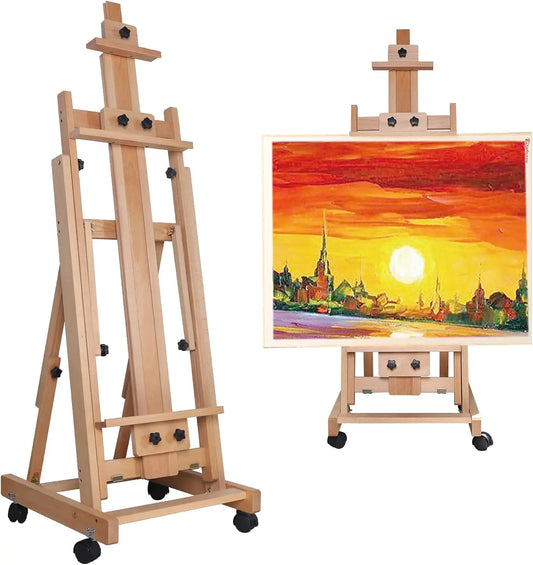 Portable Collapsible H-Frame Easel , Solid Beech Wood Large Artist Painting Easel, Tilts Flat Movable Floor Stand with 4 Wheels