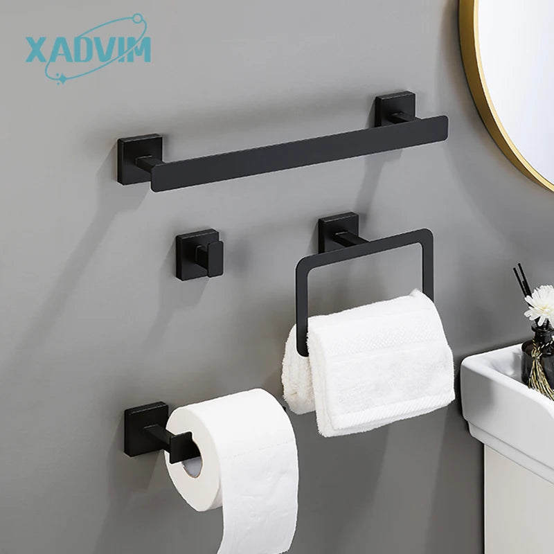 Matte Black Bathroom Accessories Set Wall Mount Towel Bar Towel Ring Roll Paper Holder Robe Hook Stainless Steel Hardware Set