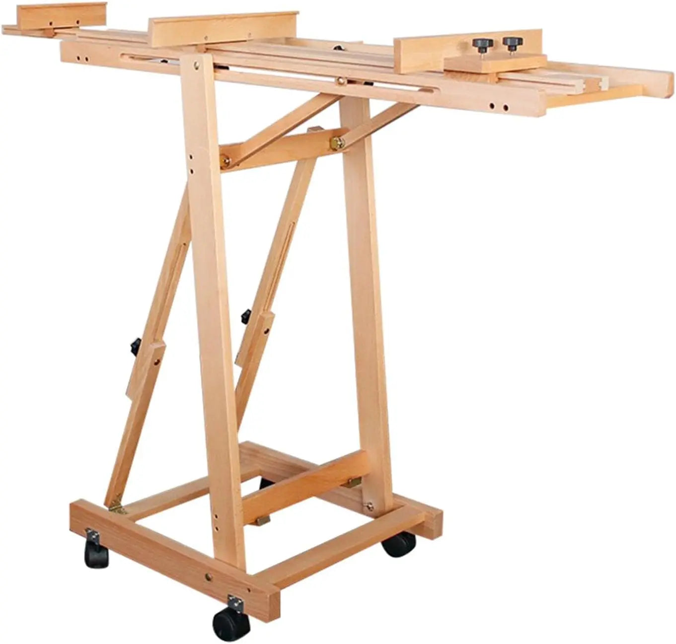 Portable Collapsible H-Frame Easel , Solid Beech Wood Large Artist Painting Easel, Tilts Flat Movable Floor Stand with 4 Wheels