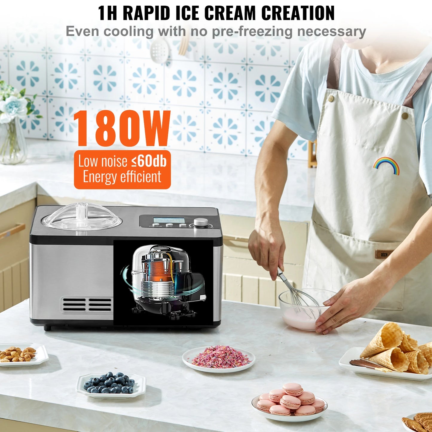 SucceBuy Automatic Ice Cream Maker with Built-in Compressor 2 Quart No Pre-freezing Fruit Yogurt Machine Electric Sorbet Maker