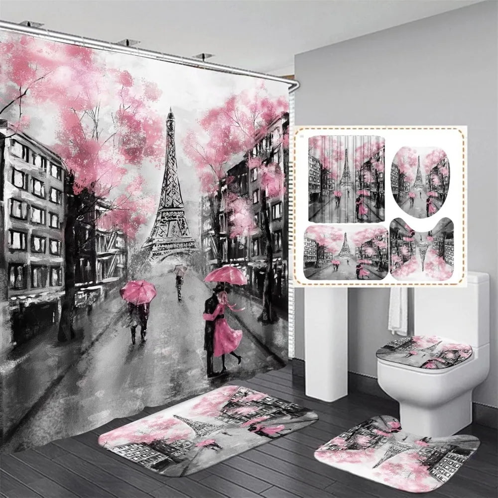 4pcs paris eiffel tower pink shower curtain sets bathroom set decor with non-slip rugs bath u-shaped mat toilet lid cover water