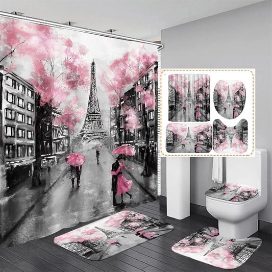 4pcs paris eiffel tower pink shower curtain sets bathroom set decor with non-slip rugs bath u-shaped mat toilet lid cover water