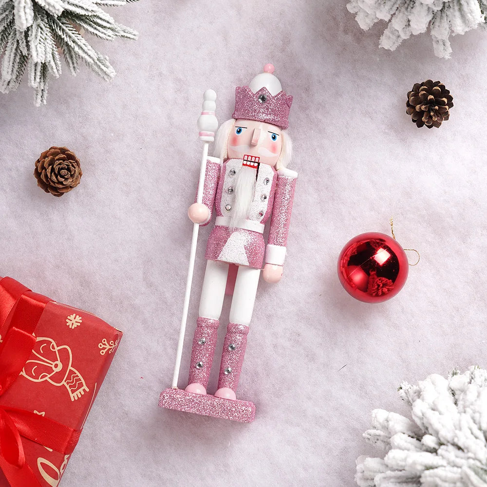 30CM Pink Glitter Nutcracker Soldier Wooden Puppet Handmade Christmas Decor Home Office Ornament Holiday Gift Stocking Stuffer