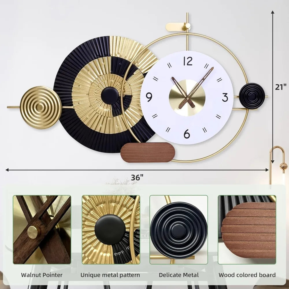 36x21 Inch Decorative Wall Clock Battery Operated Silent Non-Ticking, Modern Abstract Analog Clocks for Home & Office Decor