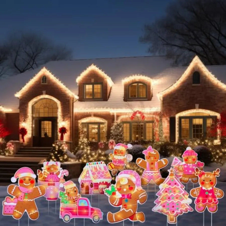 10 Pcs Pink Christmas Gingerbread Man Yard Signs with Stakes Light Up Outdoor Holiday Decorations for Lawn Garden Pathway House