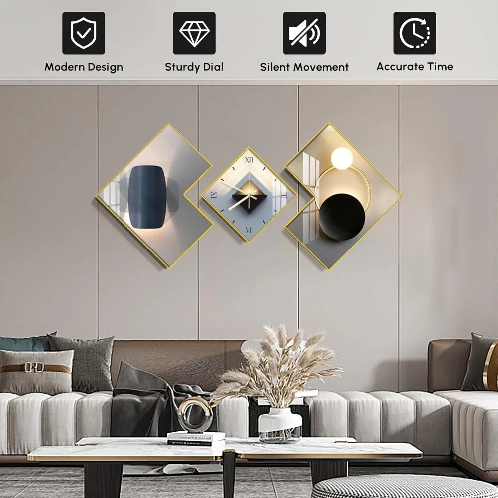 3pcs Geometric Wall Clock with Silent Movement, Modern Decorative Clocks Set with Canvas Painting, Creative Wall Decor