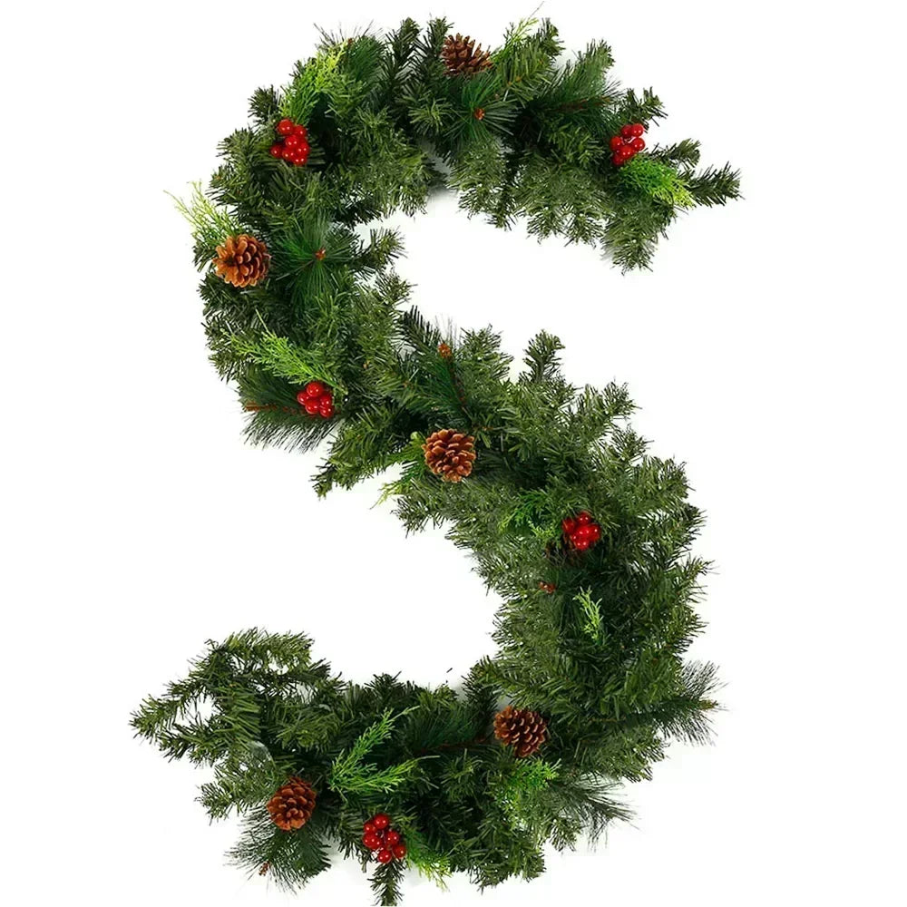 Christmas Rattan Garland Wreath, Artificial LED Decoration with Pinecones Red Berries for Xmas Tree Banner, New Year Home Decor