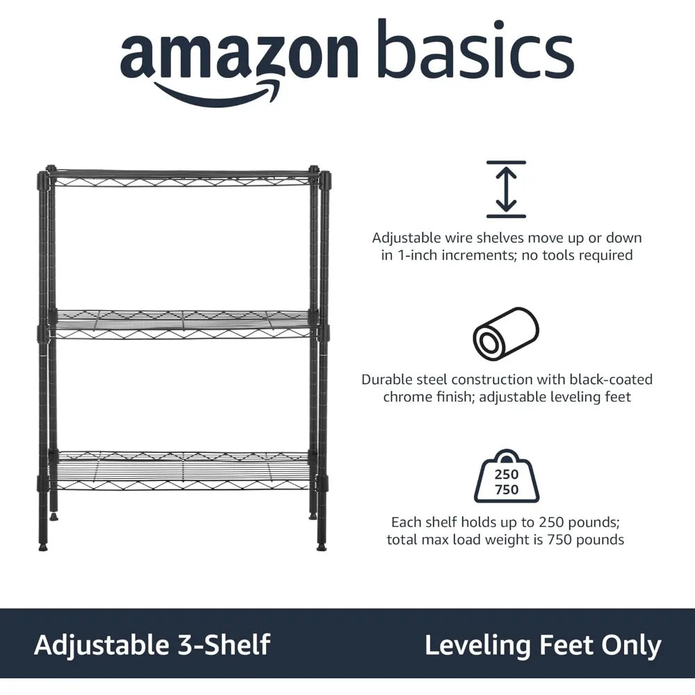amazon basics 3-shelf adjustable heavy duty steel wire rack storage shelving organizer for kitchen, garage, 23.2" l x 13.4" w x