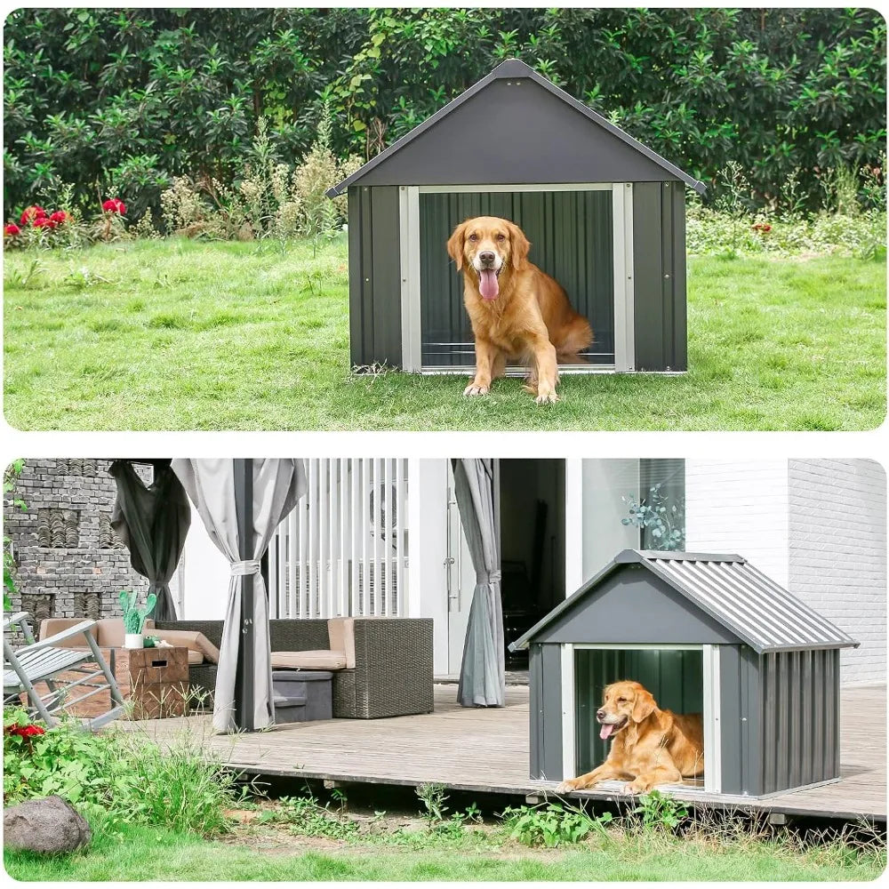 34 X 38 X 35 Inch Metal Dog House, Indoor Outdoor Doghouse for Medium Large Dogs, Weatherproof Puppy Shelter, Sturdy and Long-La