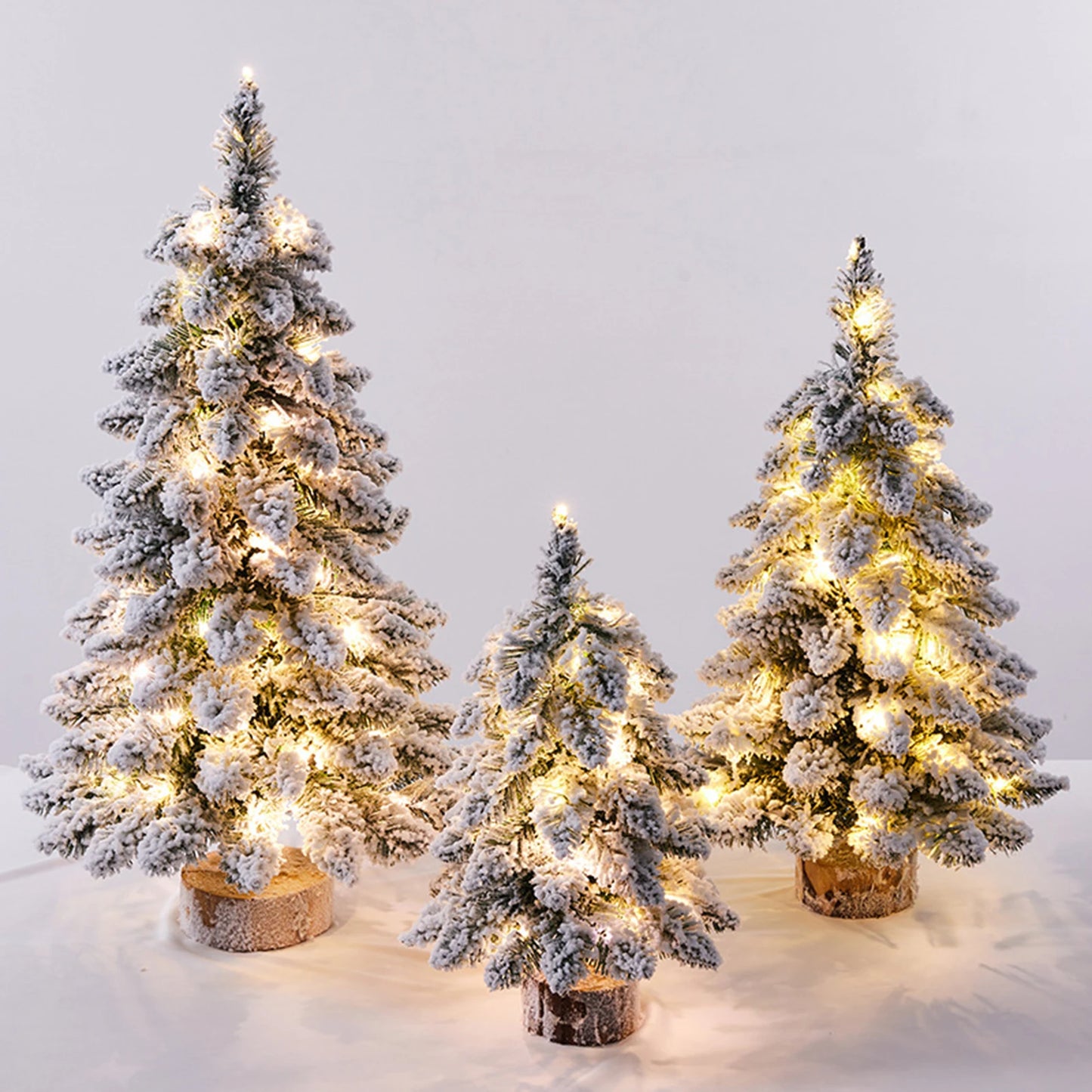 Christmas Flocked Mini Tree With Lights Snowflake Decorations Sturdy Wooden Base For Home Office Desk Winter Holiday Decor