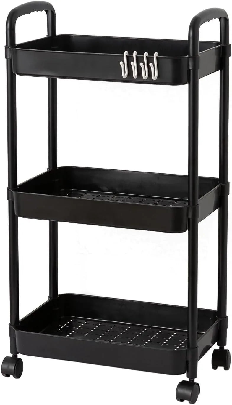 3 Tier Rolling Cart with Wheels and Handle,Rolling Storage Cart for Office, Living Room, Laundry Room,Kitchen,Bathroom,Black