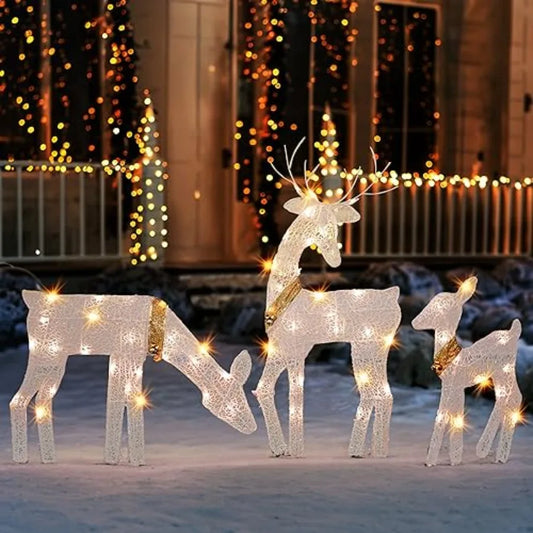 Christmas Outdoor Decoration 3Piece Lighted 2D Reindeer Family with 60 Lamps PreLit Light Up Deer Set Waterproof