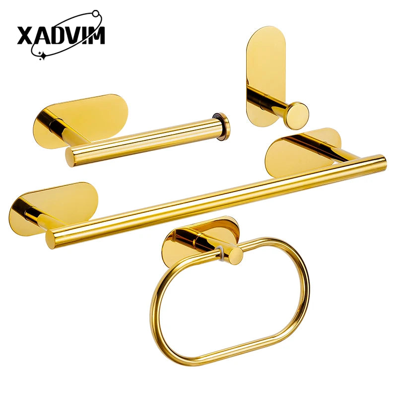 Silver Gold 304 Stainless Steel Towel Bar No Drilling Paper Holder Self-adhesive Towel Ring Robe Hook Bathroom Accessories Set