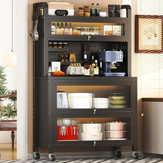 63 Inch Bakers Rack with Acrylic Door and Storage, Farmhouse Coffee Bar Cabinet, Microwave Stand Kitchen Cabinet with 8 S-Shaped