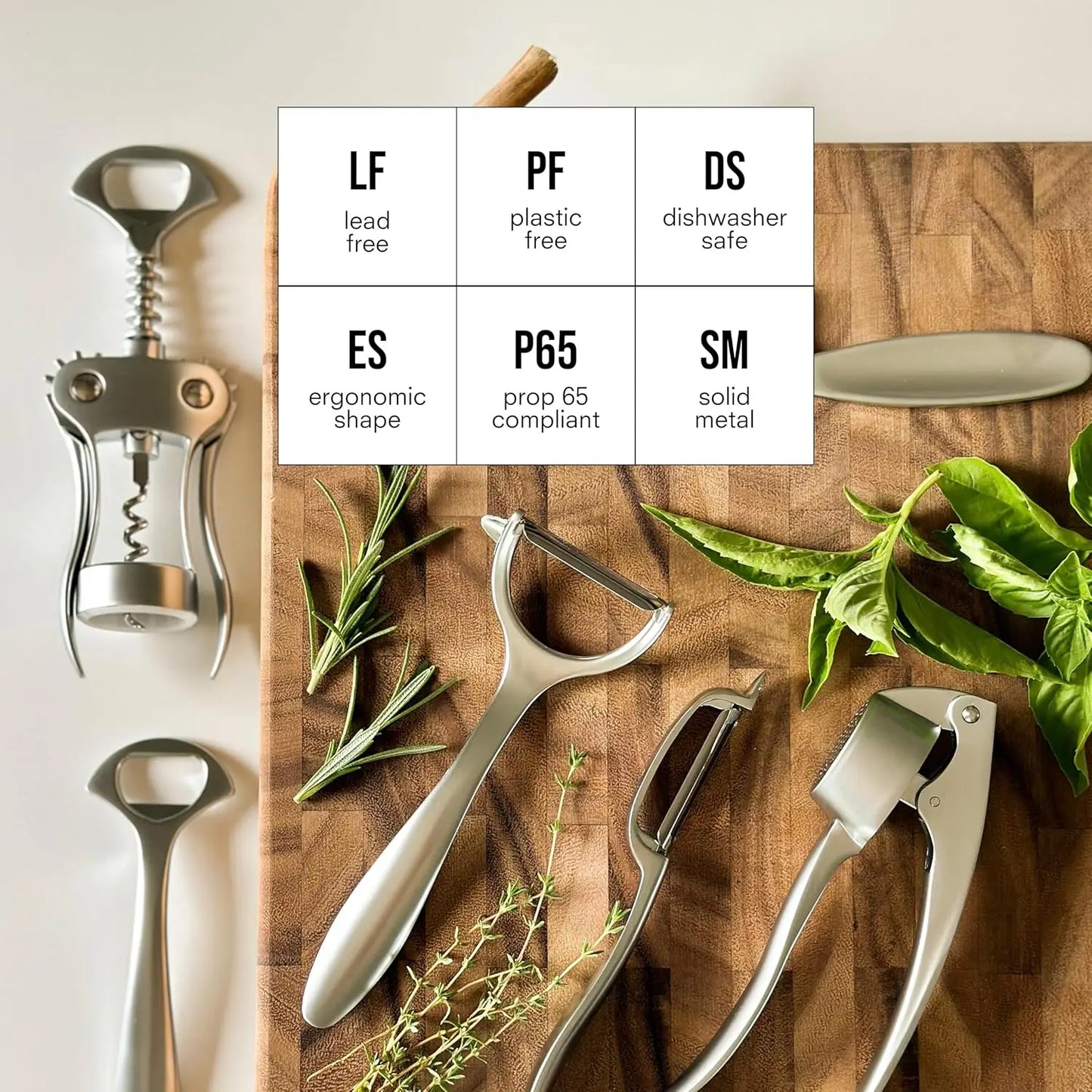 6-Piece Kitchen Tool Set: Y-Peeler, Peeler, Bottle Opener, Wine Opener, Pizza Cutter, Garlic Press – Plastic-Free, Dishwasher Sa