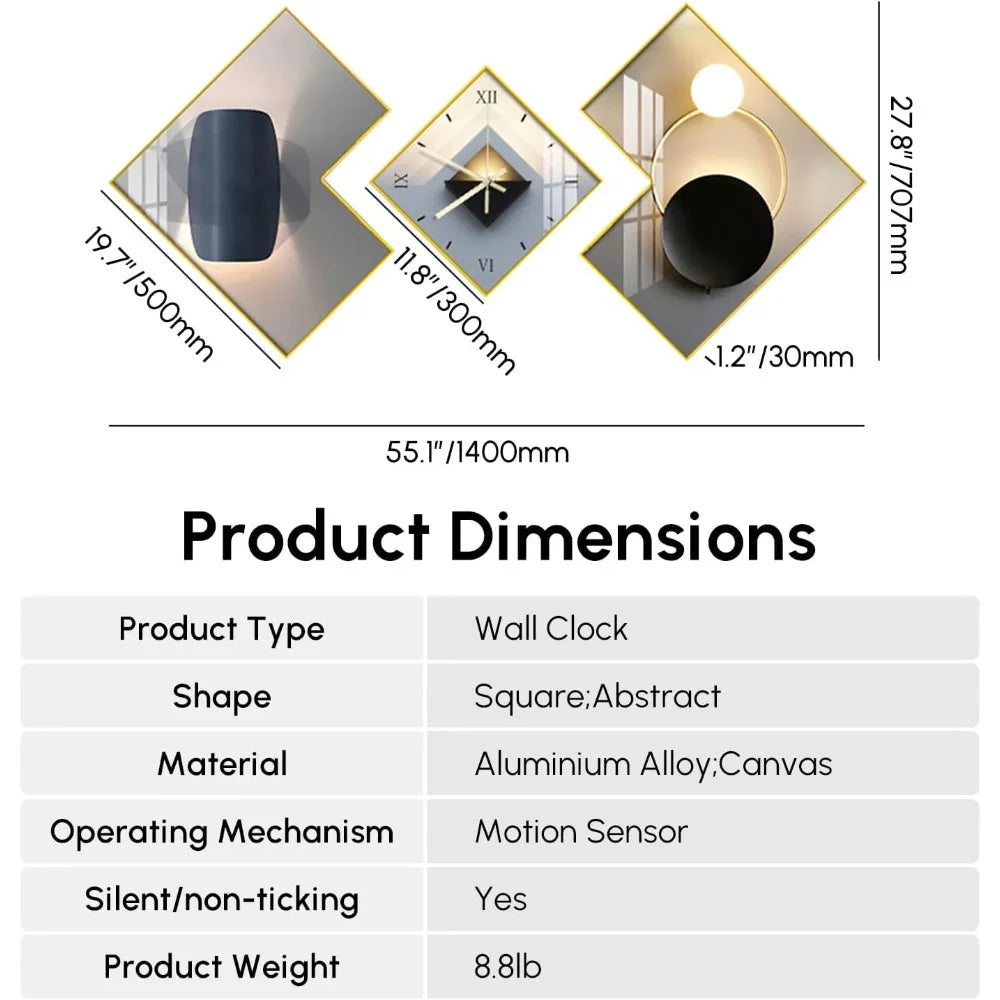 3pcs Geometric Wall Clock with Silent Movement, Modern Decorative Clocks Set with Canvas Painting, Creative Wall Decor