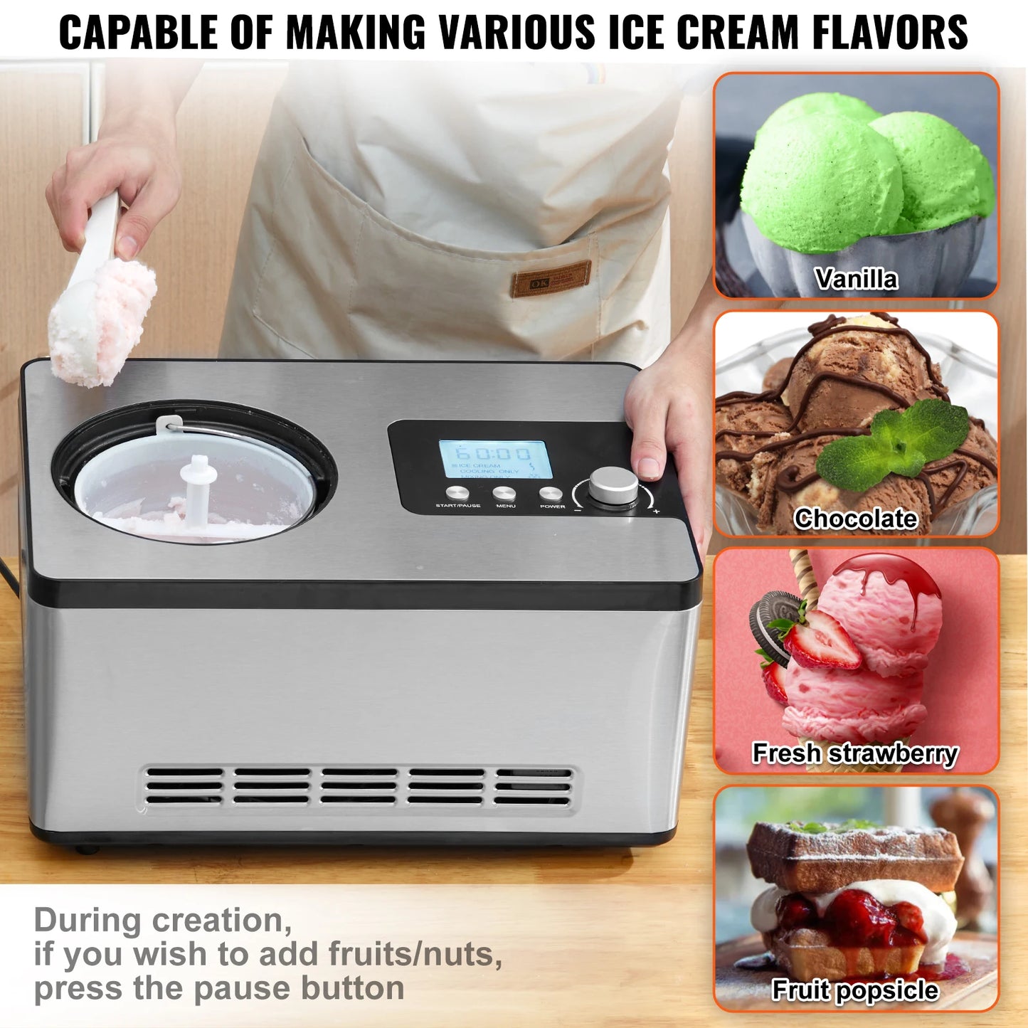 SucceBuy Automatic Ice Cream Maker with Built-in Compressor 2 Quart No Pre-freezing Fruit Yogurt Machine Electric Sorbet Maker