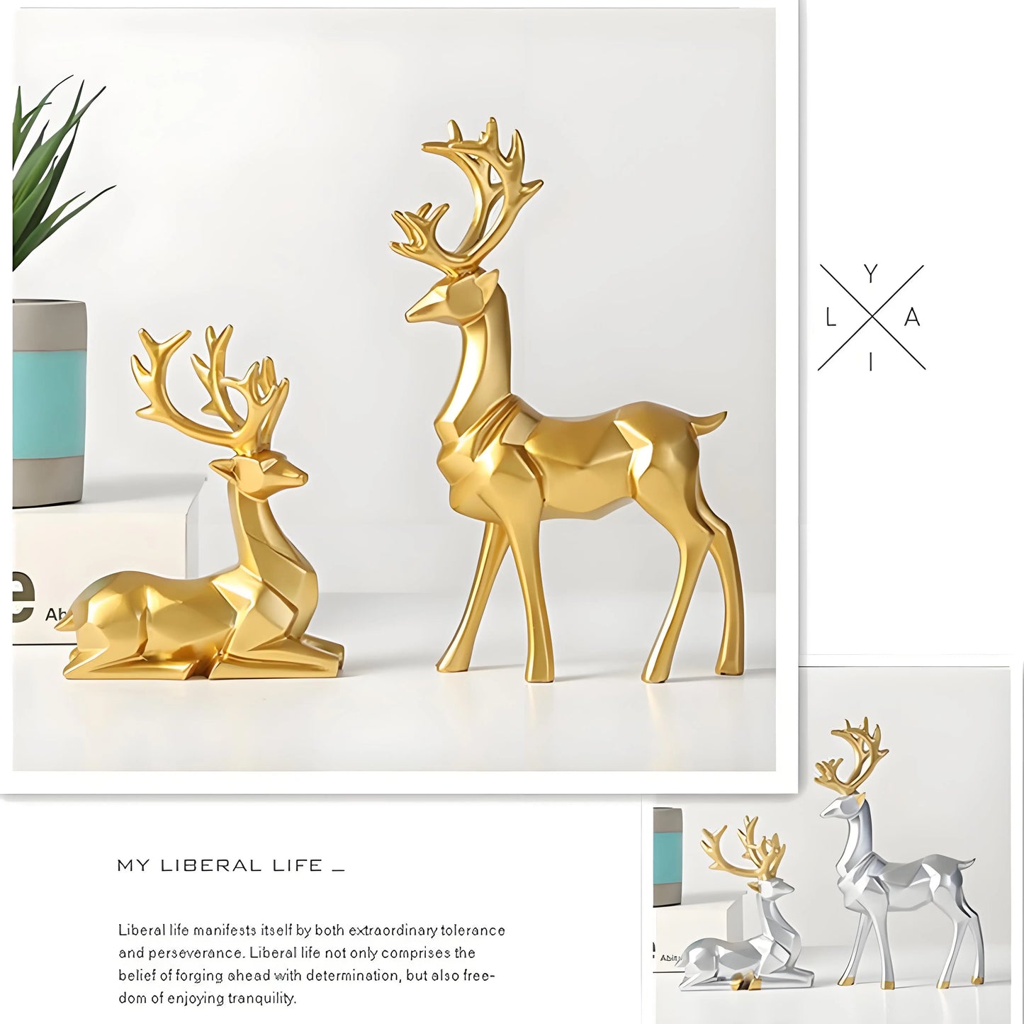 Geometric Elk Statue Set of 2, Modern Resin Deer Sculpture for Living Room & Office Decor - Elegant Display for Shelf & Desk