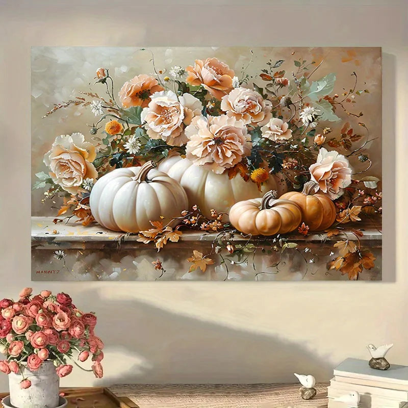 1Pc Flower & Pumpkin Canvas Art | Canvas Wrapping Frame | Halloween & Thanksgiving Decor | Home/Wall Art for Living Room Parties