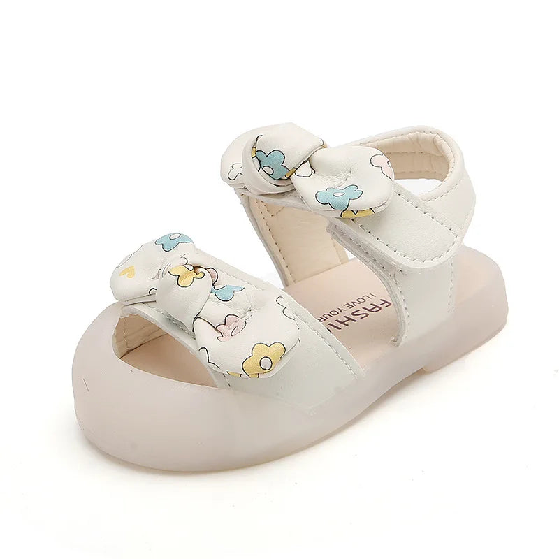 Baby Walking Shoes Non-slip Toes Capped Girls Beach Shoes with Flower 2025 Summer New Kids Sandals Double Bows Sweet Soft Sole