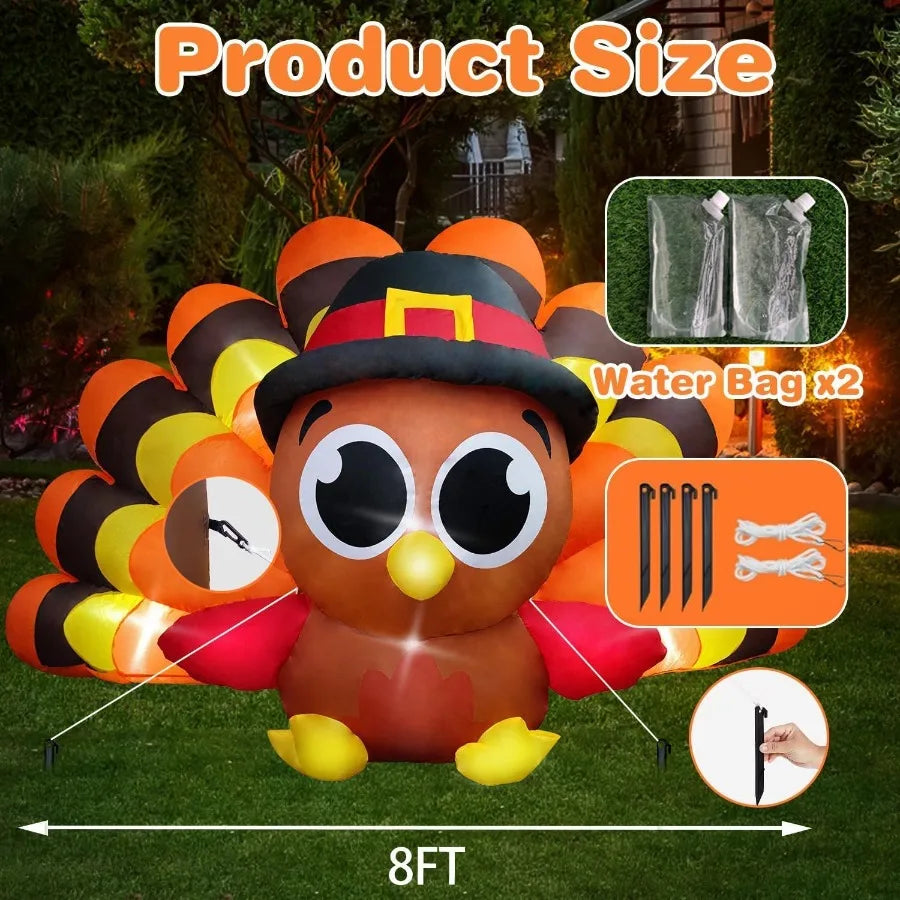 8FT Fall Inflatable Turkey with Builtin LED Lights and Big Tail for Outdoor Lawn Yard Decoration Perfect Thanksgiving Outdoor I