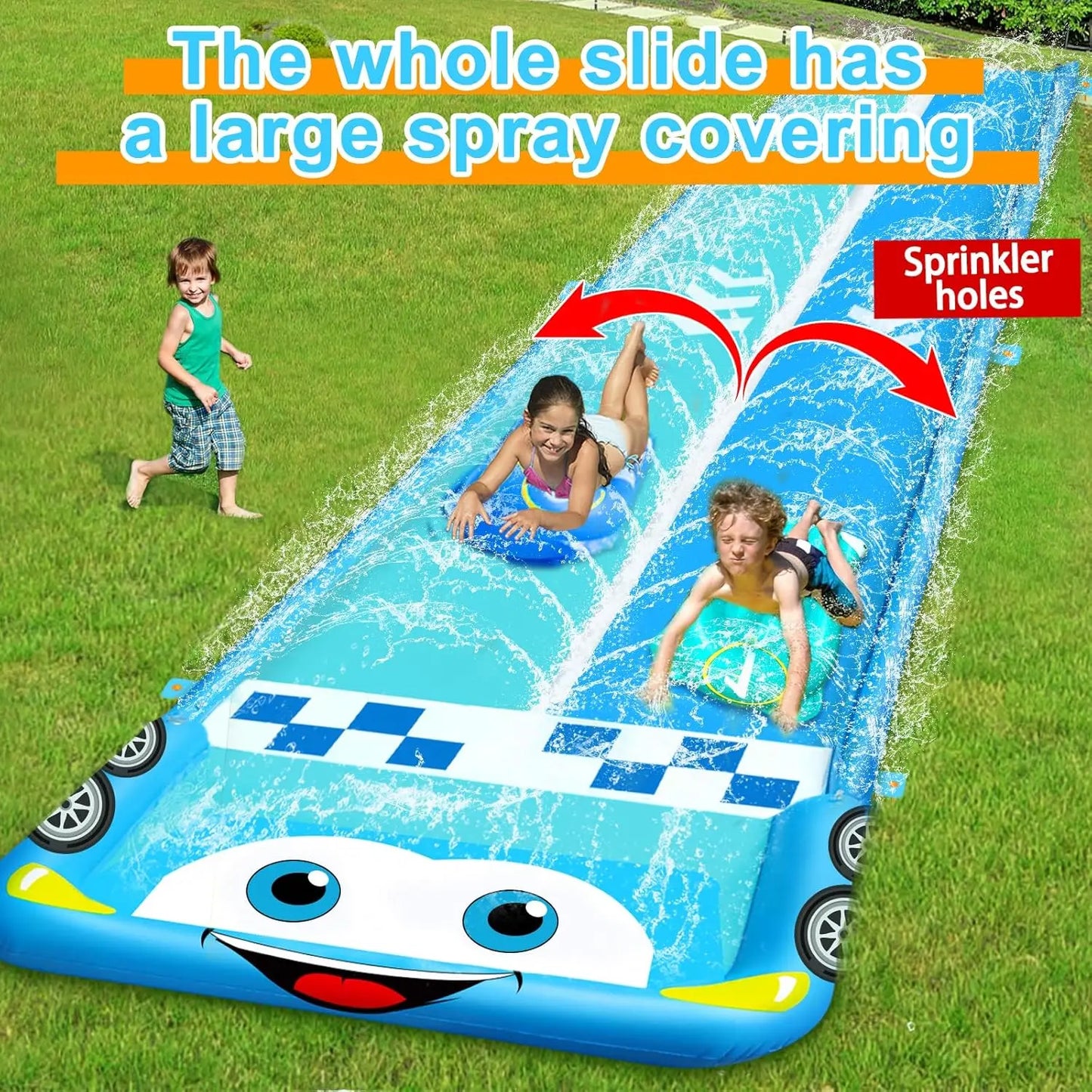 33.3FT Extra Long Water Slide for Kids, Race Car Double Lane Lawn Water Slip Splash and Slides with 2 Bodyboards, Safety Fence,