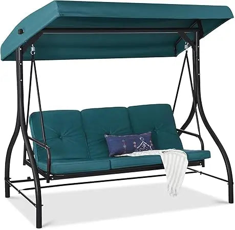 3-Seat Outdoor Large Converting Canopy Swing Glider, Patio Hammock Lounge Chair for Porch, Backyard w/Flatbed, Adjustable Shade