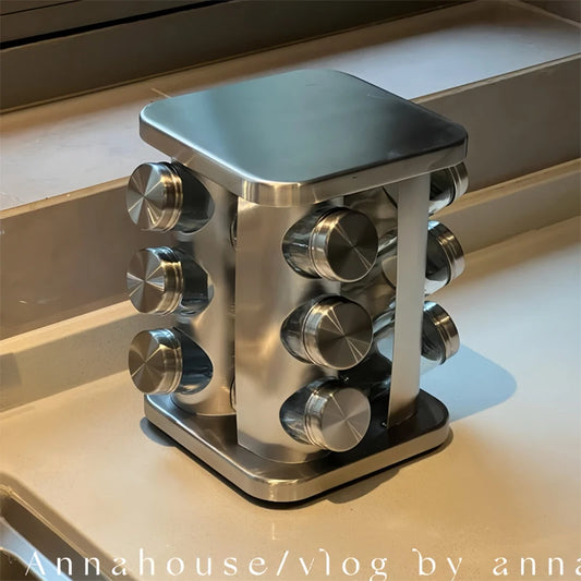 Rotating seasoning container for kitchen countertop, high-end household stainless steel salt container,combined storage rack set