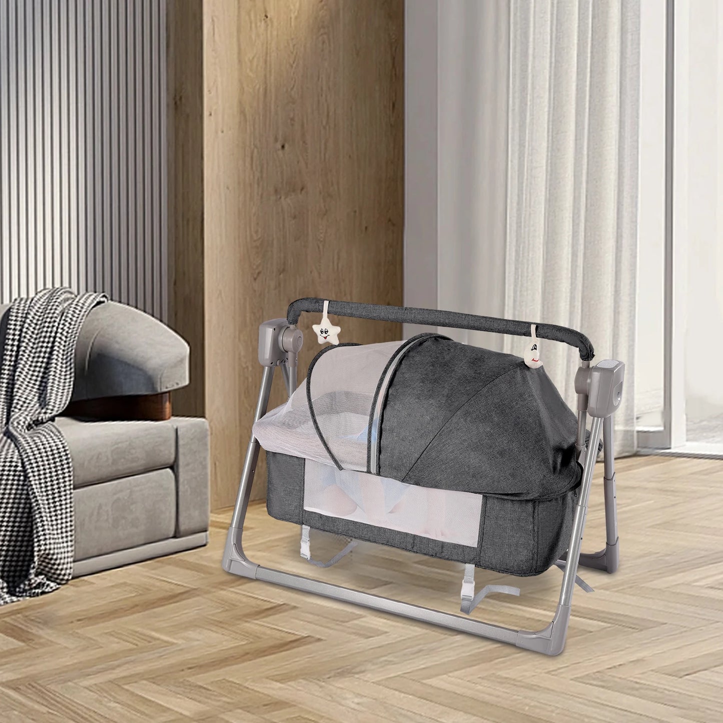 Baby Cradle Swing with Bluetooth Music 5 Speeds White Noise Foldable Bassinet for Newborns 0-36 Months US Plug