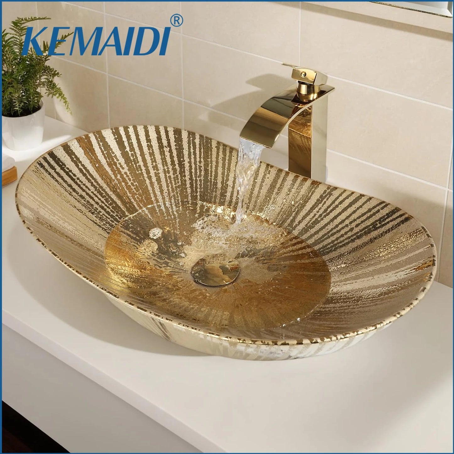 KEMAIDI Big Gold Bathroom Vessel Sink Combos Faucet And Drain Set 24x14 Inch Oval Ceramic Basin Bowl Above Counter Bowl Sinks