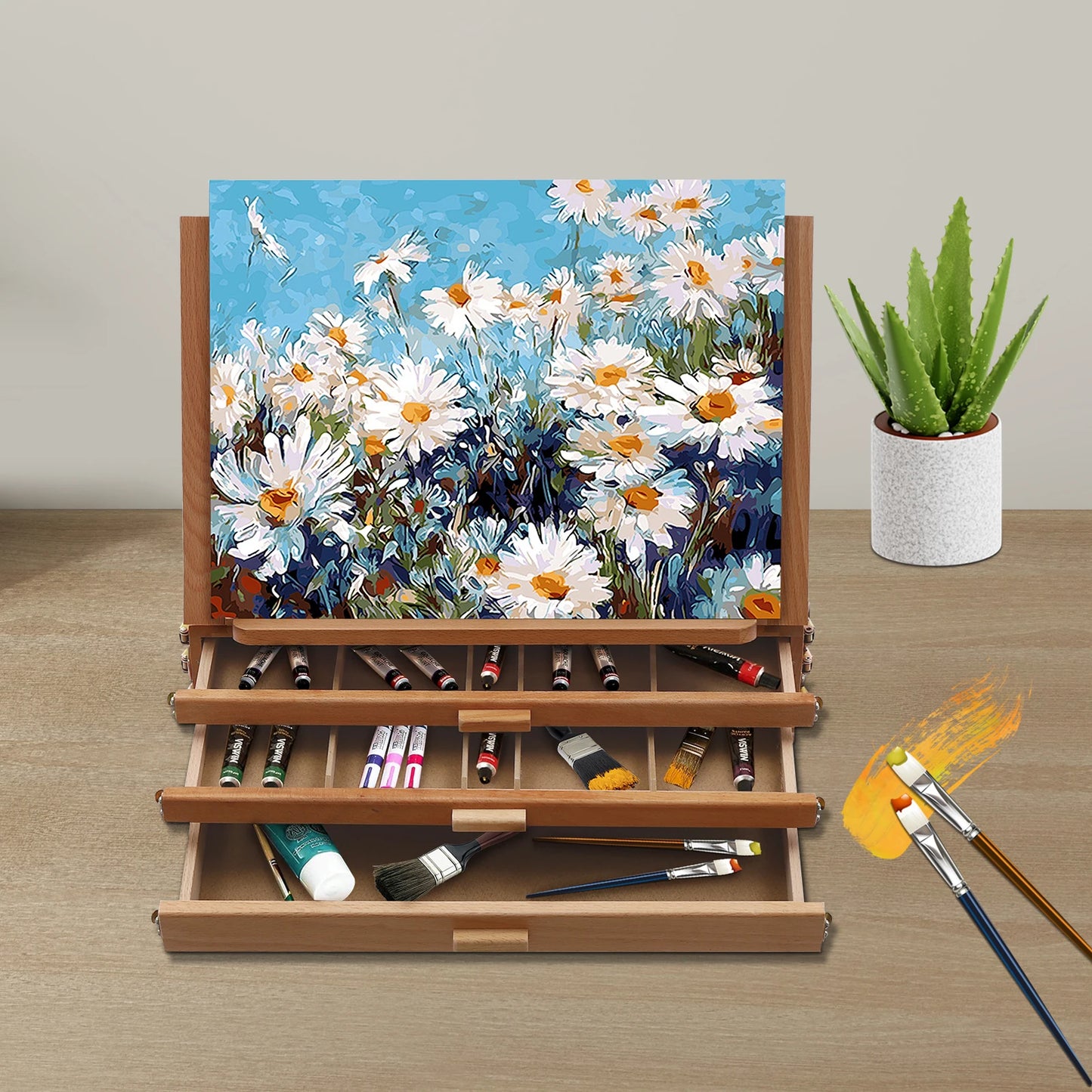 Multi-Function Storage Box Easel, Angle Adjustable, Portable Painting Board Stand with Drawers for Art Tools