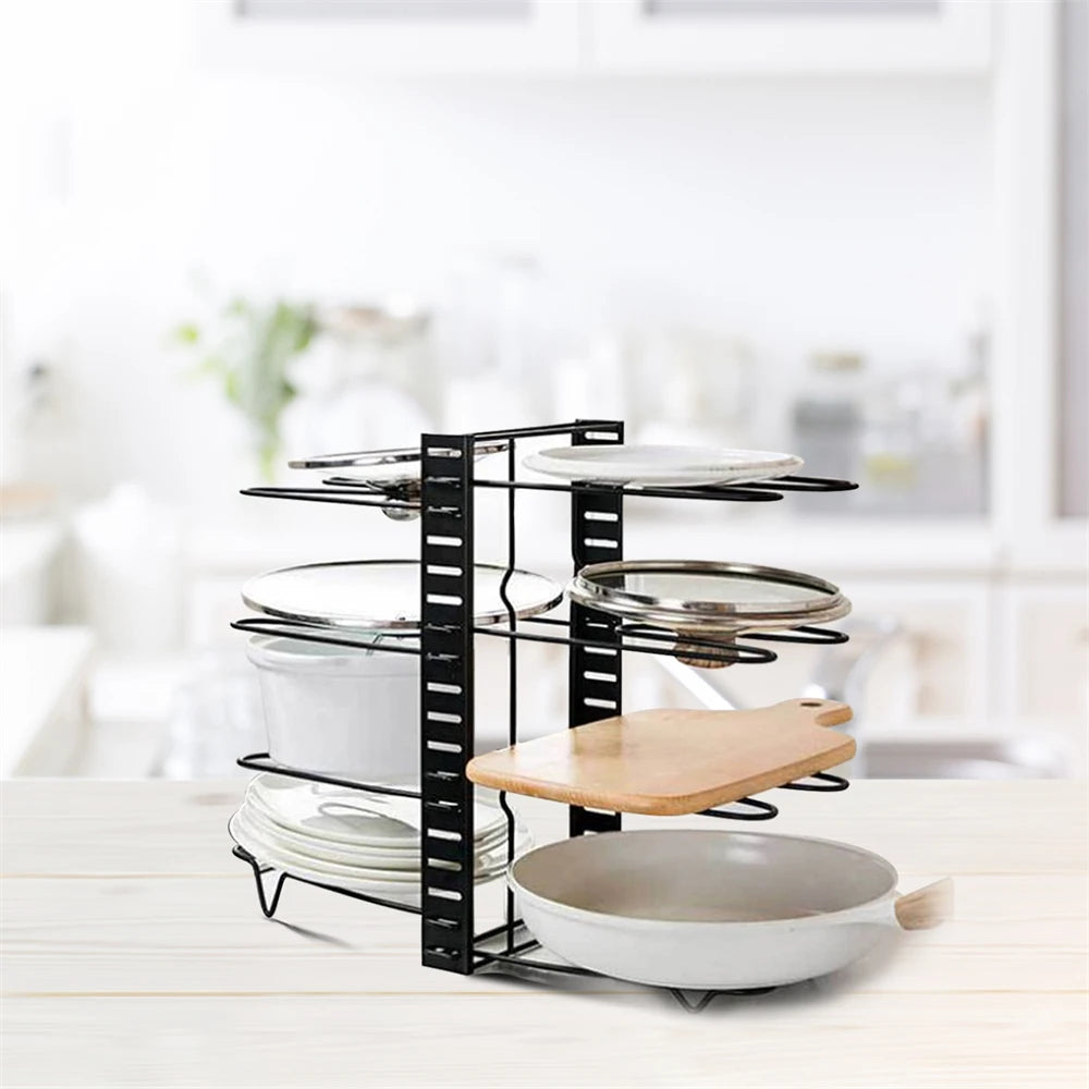8 Tiers Pan Pot Organizer Rack Multi-layer Iron Wire Bilateral Pot Adjustable Cabinet Pots Lids Storage Rack Kitchen Tool