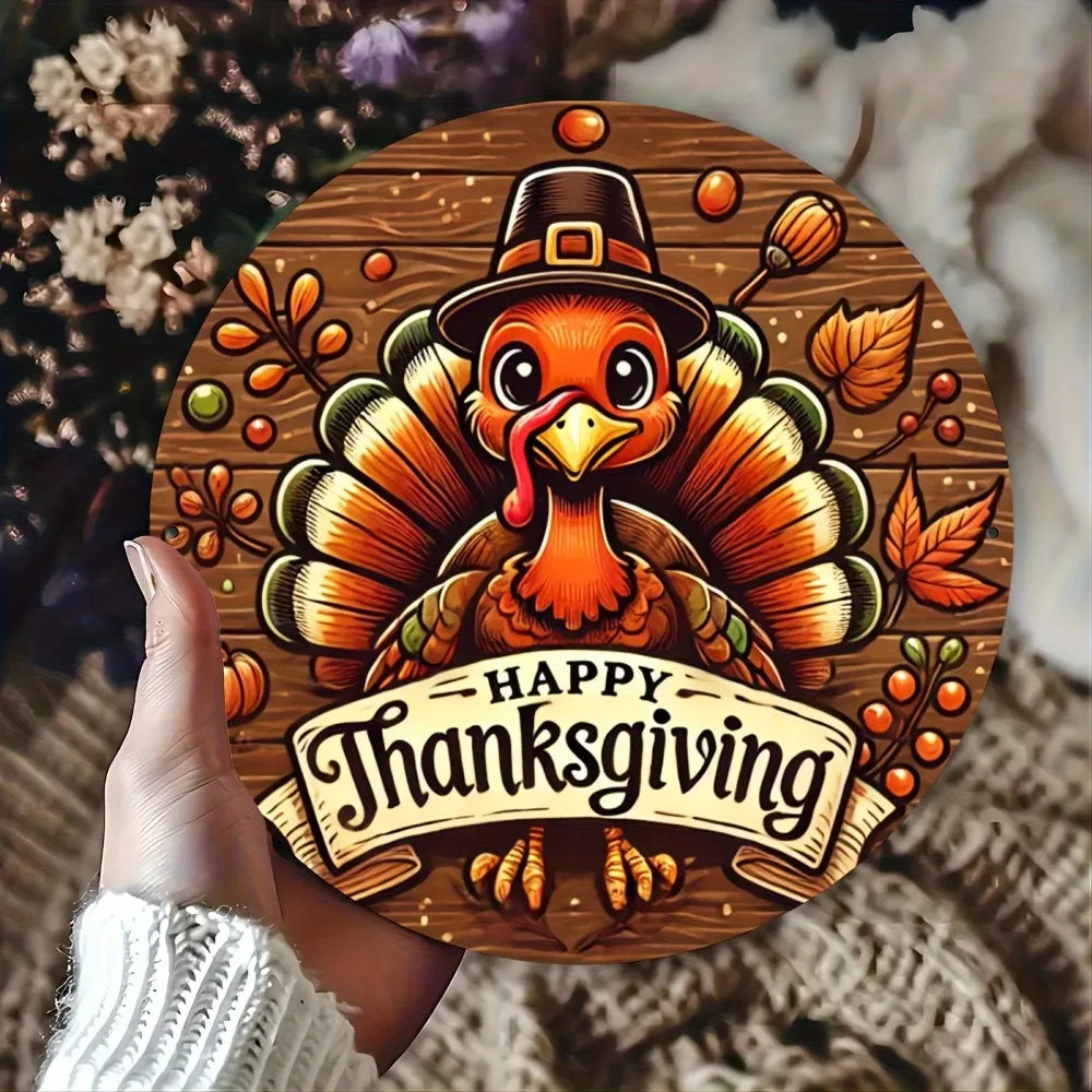 Home/Cafe/Bar Thanksgiving Wall Decor – 1pc Aluminum Alloy Art with Whimsical Turkey, Autumn Leaves & Pumpkins