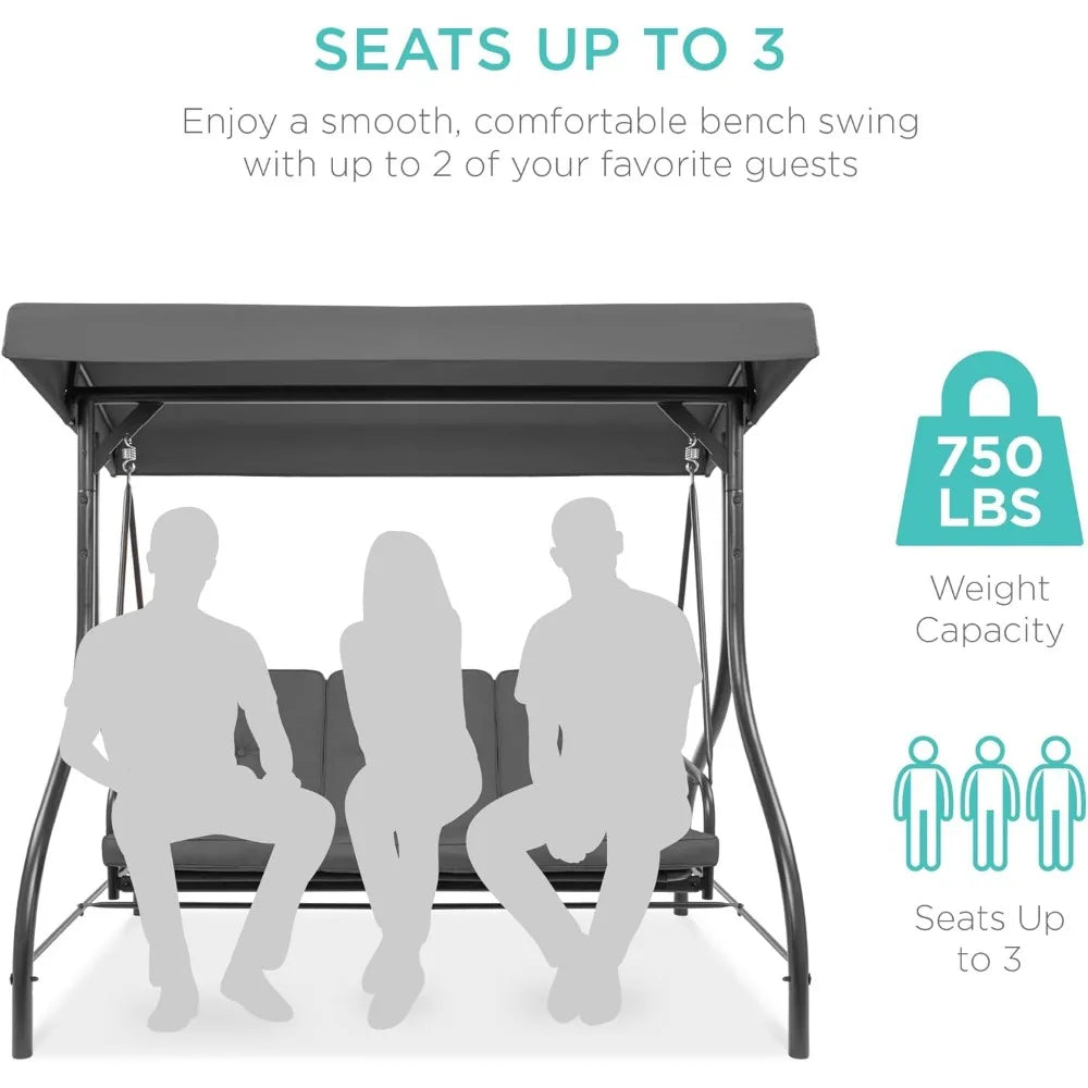 3-Seat Outdoor Large Converting Canopy Swing Glider, Patio Hammock Lounge Chair for Porch, Backyard w/Flatbed, Adjustable Shade